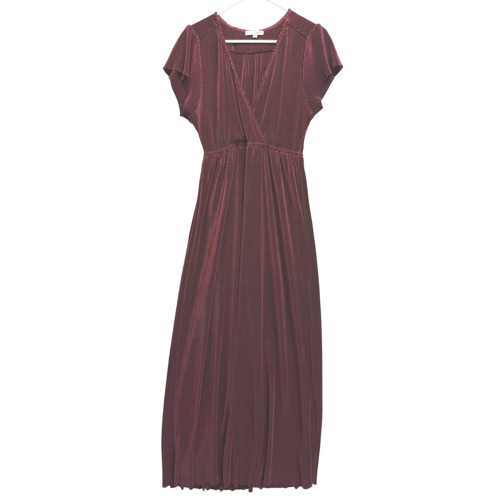 Baltic Born Womens L Plum Purple Pleated Surplice Maxi Dress Flutter Sleeve